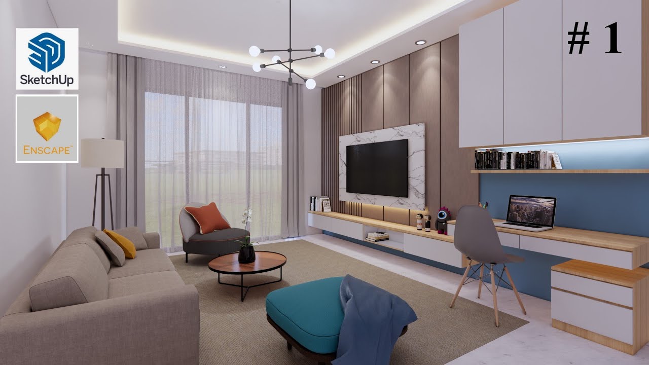 Sketchup interior design #38 How to make a living room ( Enscape render ...